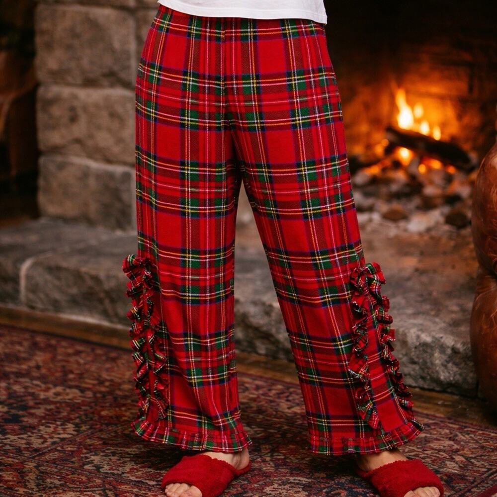 Elizabeth Wilson Tartan Plaid Polly Pajama Pants M Cozy Christmas Ruffle Hem
